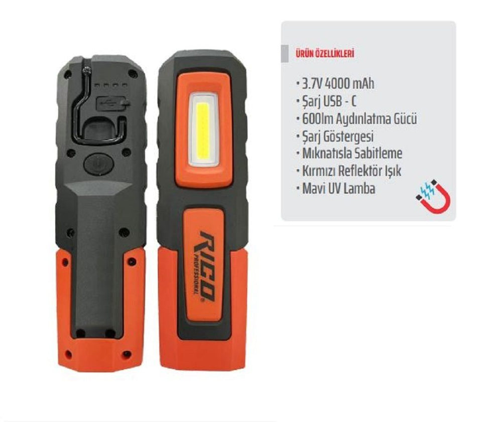 Rico 013-RC0031 Şarjlı Mıknatıslı LED Lamba 600 Lümen