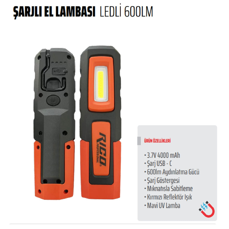 Rico 013-RC0031 Şarjlı Mıknatıslı LED Lamba 600 Lümen
