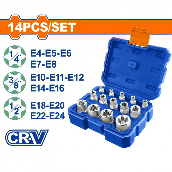 Wadfow WST3D14 Yıldız E-Torx Lokma Takımı 14 Parça Cr-V